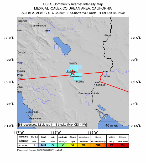 USGS DYFI community-reported intensity map for the M3.7 earthquake near 3km SSW of Heber, CA