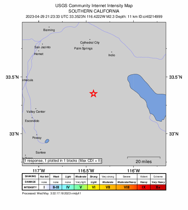 USGS DYFI community-reported intensity map for the M2.3 earthquake near 12km NNW of Borrego Springs, CA