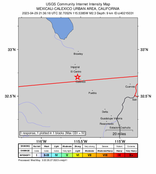 USGS DYFI community-reported intensity map for the M2.3 earthquake near 3km SSW of Heber, CA