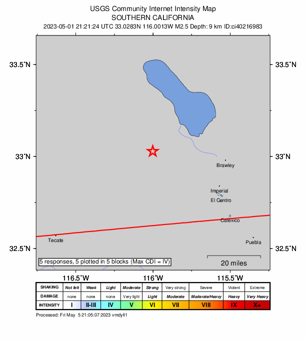 USGS DYFI community-reported intensity map for the M2.5 earthquake near 18km SE of Ocotillo Wells, CA