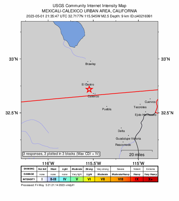USGS DYFI community-reported intensity map for the M2.5 earthquake near 2km SW of Heber, CA