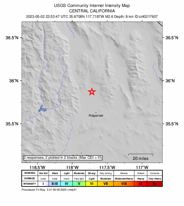 USGS DYFI community-reported intensity map for the M2.6 earthquake near 18km ESE of Little Lake, CA