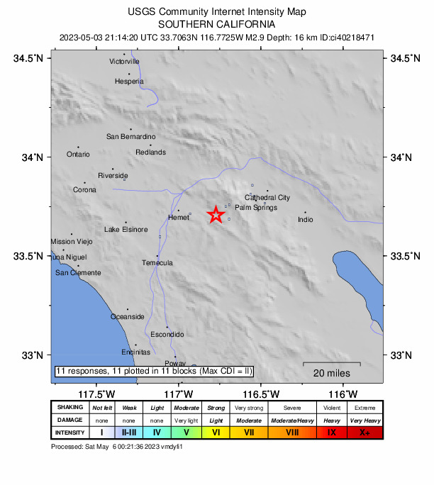 USGS DYFI community-reported intensity map for the M2.9 earthquake near 6km SW of Idyllwild, CA