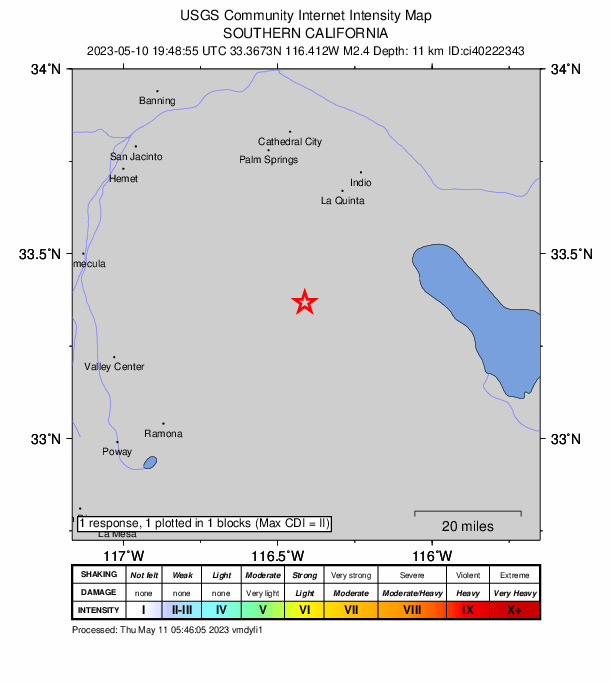 USGS DYFI community-reported intensity map for the M2.4 earthquake near 13km NNW of Borrego Springs, CA