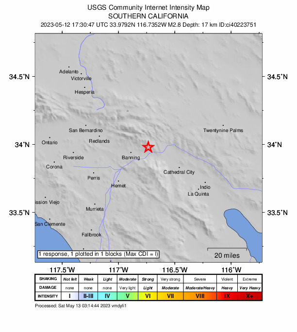 USGS DYFI community-reported intensity map for the M2.8 earthquake near 8km NE of Cabazon, CA