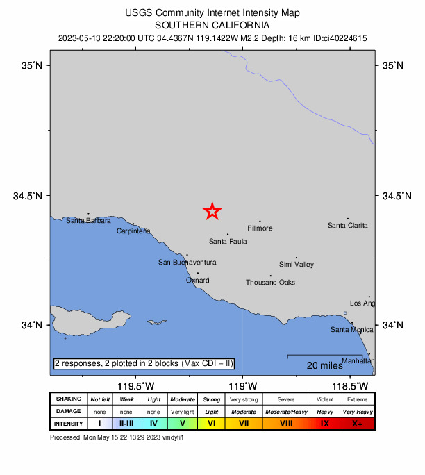 USGS DYFI community-reported intensity map for the M2.2 earthquake near 9km E of Ojai, CA