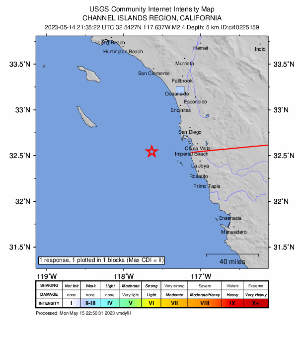 USGS DYFI community-reported intensity map for the M2.4 earthquake near 45km WSW of Coronado, CA