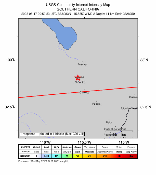 USGS DYFI community-reported intensity map for the M2.2 earthquake near 3km NW of El Centro, CA