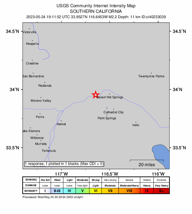 USGS DYFI community-reported intensity map for the M2.2 earthquake near 11km WNW of Garnet, CA