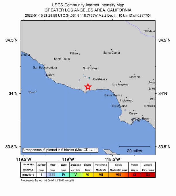 USGS DYFI community-reported intensity map for the M2.2 earthquake near 7km NNE of Malibu, CA