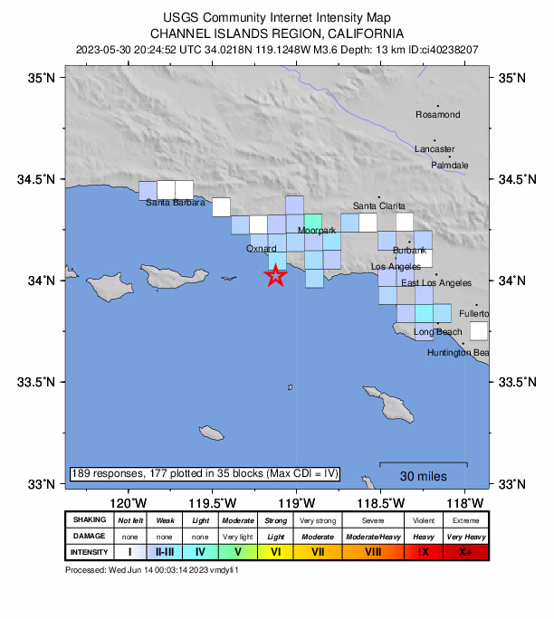 USGS DYFI community-reported intensity map for the M3.6 earthquake near 15km SSE of Port Hueneme, CA