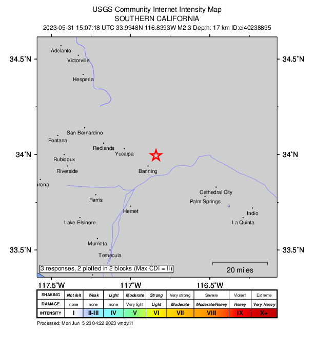 USGS DYFI community-reported intensity map for the M2.3 earthquake near 8km NNE of Banning, CA
