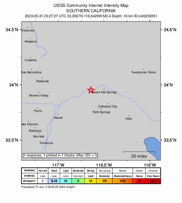 USGS DYFI community-reported intensity map for the M2.4 earthquake near 10km WNW of Garnet, CA