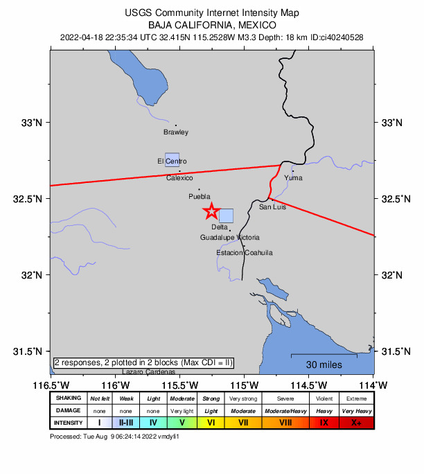 USGS DYFI community-reported intensity map for the M3.3 earthquake near 9km NW of Delta, B.C., MX