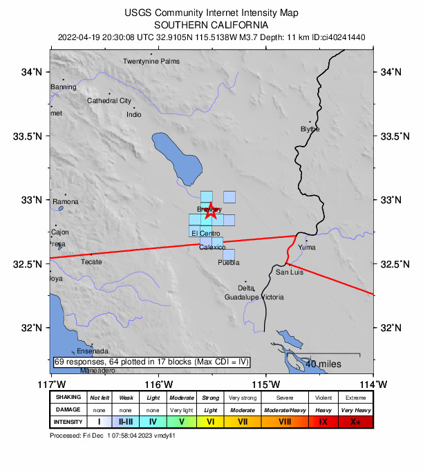 USGS DYFI community-reported intensity map for the M3.7 earthquake near 8km SSE of Brawley, CA