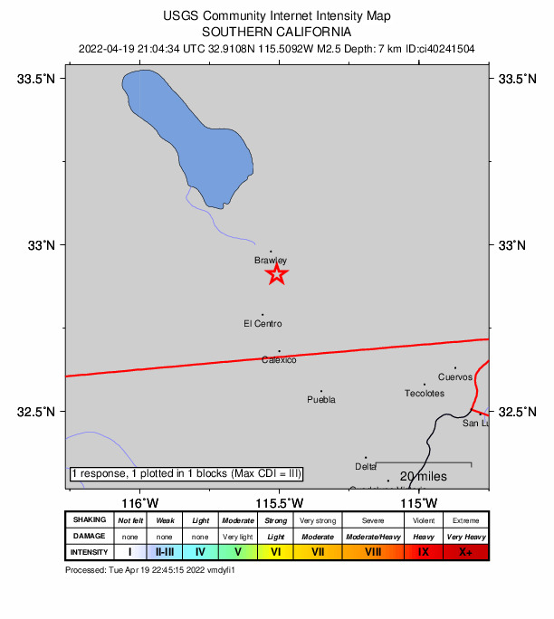 USGS DYFI community-reported intensity map for the M2.5 earthquake near 8km SSE of Brawley, CA