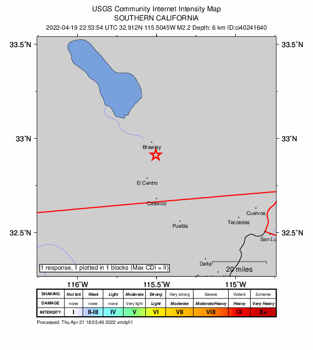 USGS DYFI community-reported intensity map for the M2.2 earthquake near 8km SSE of Brawley, CA