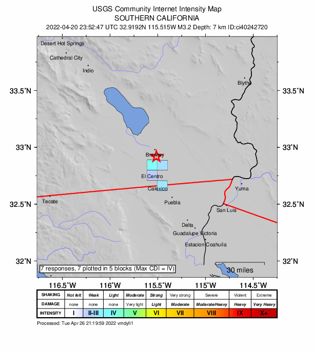 USGS DYFI community-reported intensity map for the M3.3 earthquake near 7km SSE of Brawley, CA