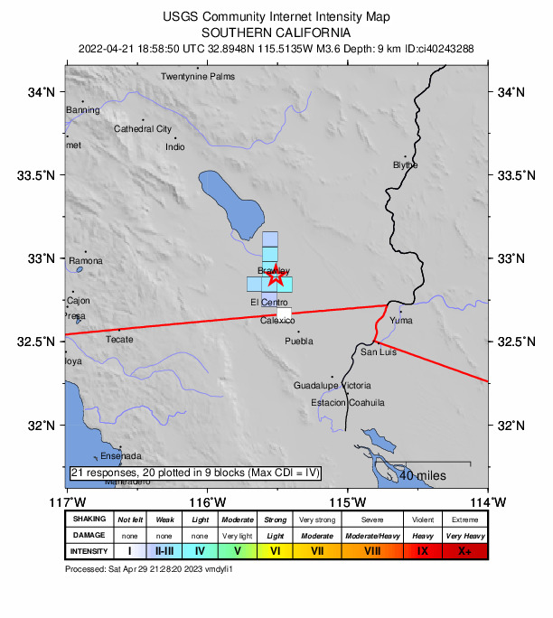 USGS DYFI community-reported intensity map for the M3.6 earthquake near 7km NE of Imperial, CA