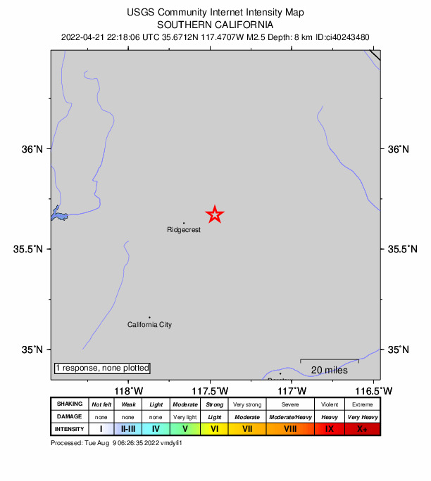 USGS DYFI community-reported intensity map for the M2.5 earthquake near 12km SSW of Searles Valley, CA
