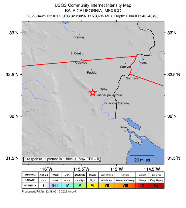 USGS DYFI community-reported intensity map for the M2.6 earthquake near 16km WSW of Delta, B.C., MX