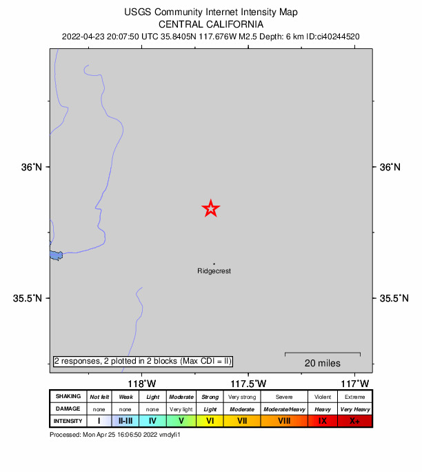 USGS DYFI community-reported intensity map for the M2.5 earthquake near 23km ESE of Little Lake, CA