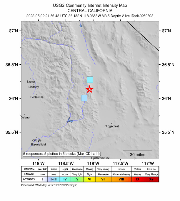 USGS DYFI community-reported intensity map for the M3.5 earthquake near 14km NW of Coso Junction, CA