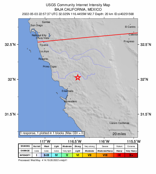 USGS DYFI community-reported intensity map for the M2.7 earthquake near 24km NE of Ensenada, B.C., MX