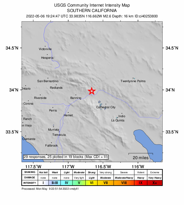 USGS DYFI community-reported intensity map for the M2.6 earthquake near 10km SW of Morongo Valley, CA