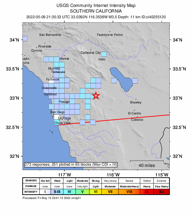 USGS DYFI community-reported intensity map for the M3.5 earthquake near 24km E of Julian, CA