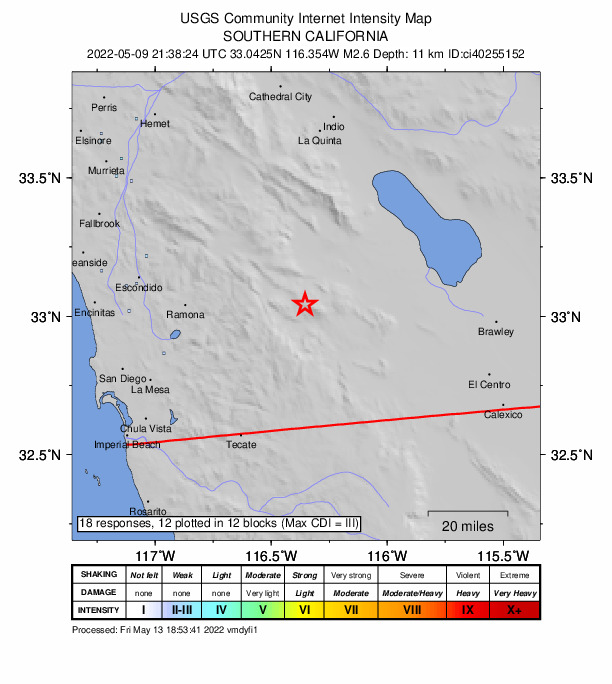 USGS DYFI community-reported intensity map for the M2.6 earthquake near 24km E of Julian, CA