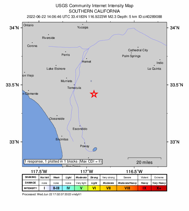 USGS DYFI community-reported intensity map for the M2.3 earthquake near 6km WSW of Aguanga, CA