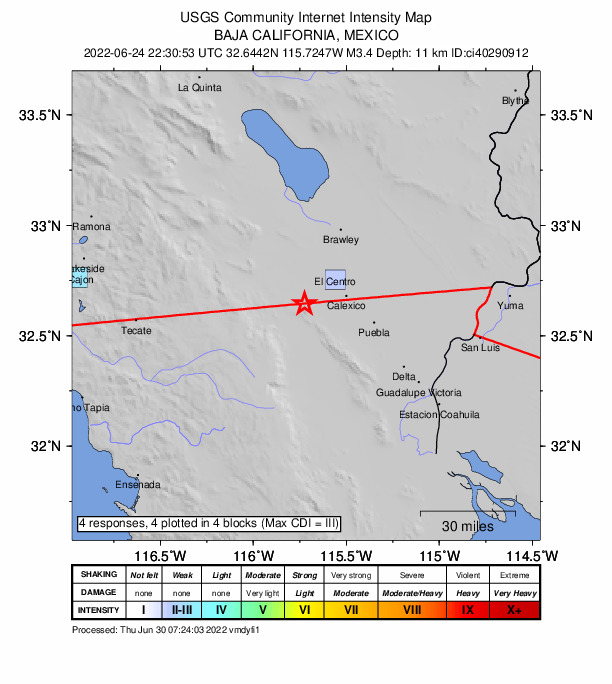 USGS DYFI community-reported intensity map for the M3.4 earthquake near 15km WNW of Progreso, B.C., MX