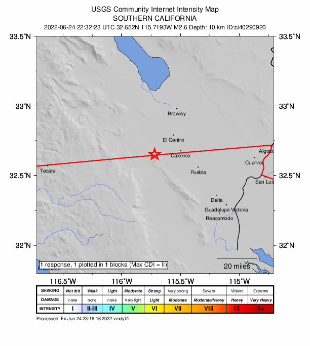USGS DYFI community-reported intensity map for the M2.6 earthquake near 15km WNW of Progreso, B.C., MX