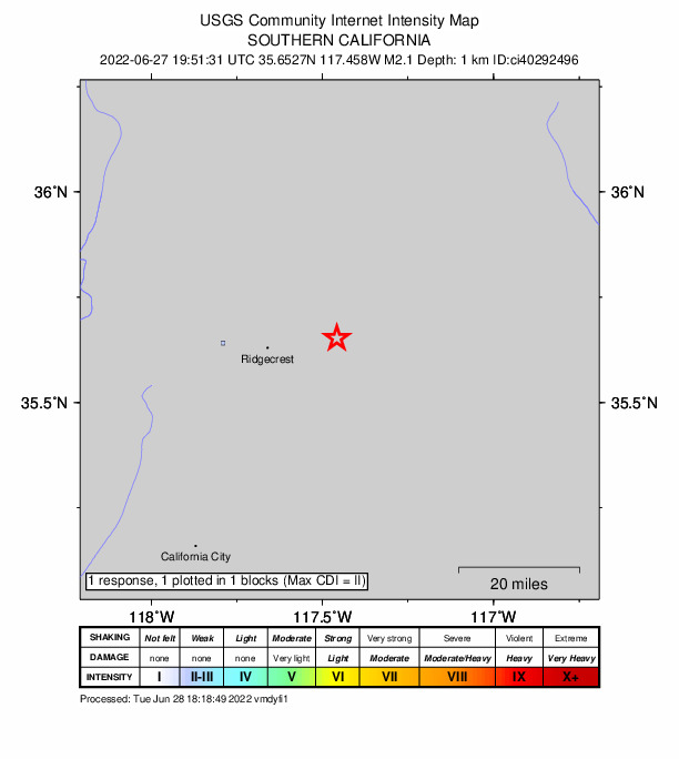 USGS DYFI community-reported intensity map for the M2.1 earthquake near 14km SSW of Searles Valley, CA