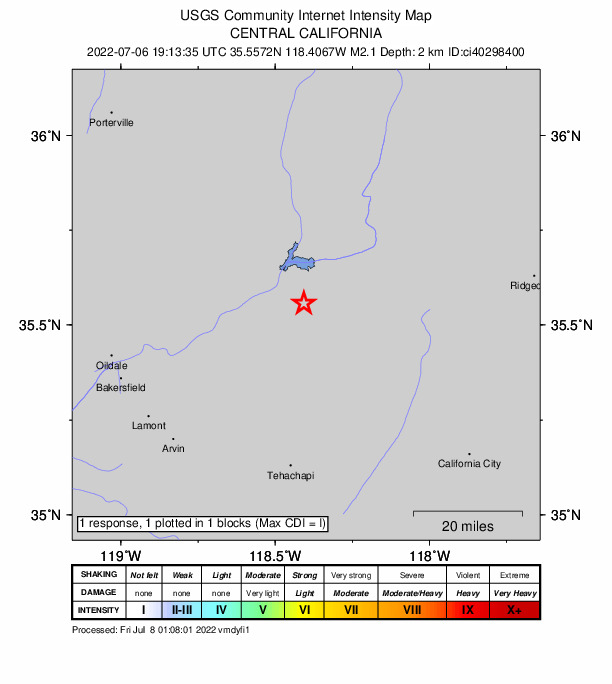 USGS DYFI community-reported intensity map for the M2.1 earthquake near 8km ESE of Bodfish, CA