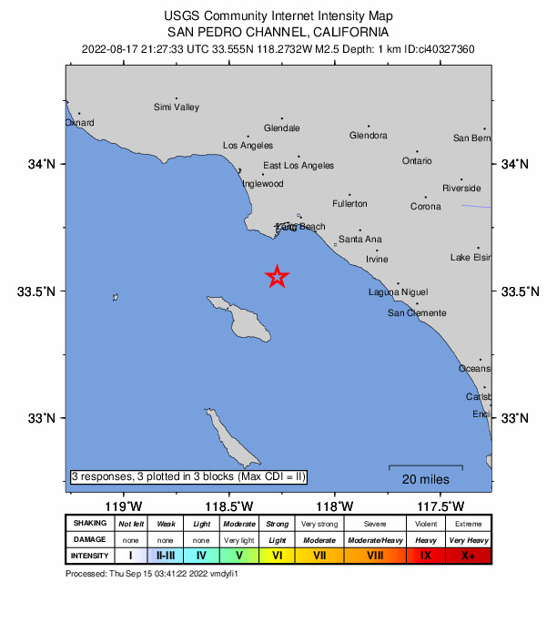 USGS DYFI community-reported intensity map for the M2.5 earthquake near 20km S of San Pedro, CA