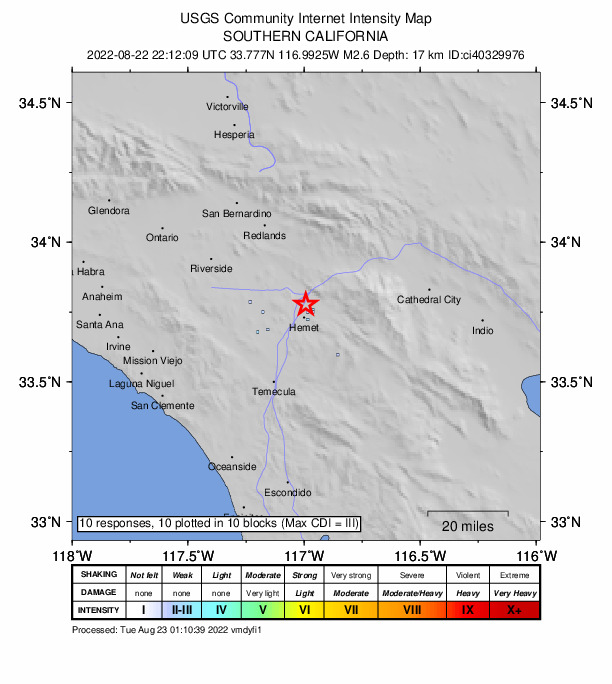 USGS DYFI community-reported intensity map for the M2.6 earthquake near 3km WSW of San Jacinto, CA