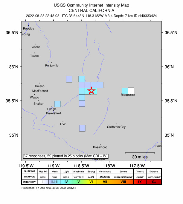 USGS DYFI community-reported intensity map for the M3.4 earthquake near 14km ESE of Wofford Heights, CA