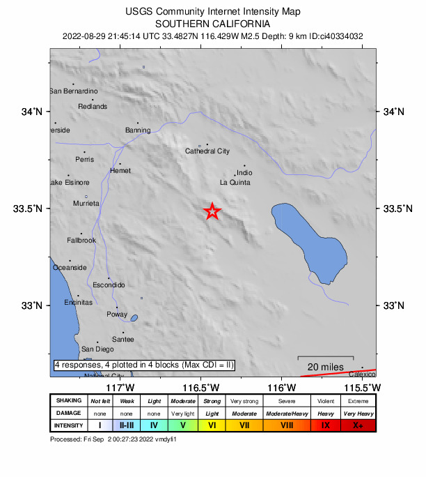 USGS DYFI community-reported intensity map for the M2.5 earthquake near 23km SSW of La Quinta, CA