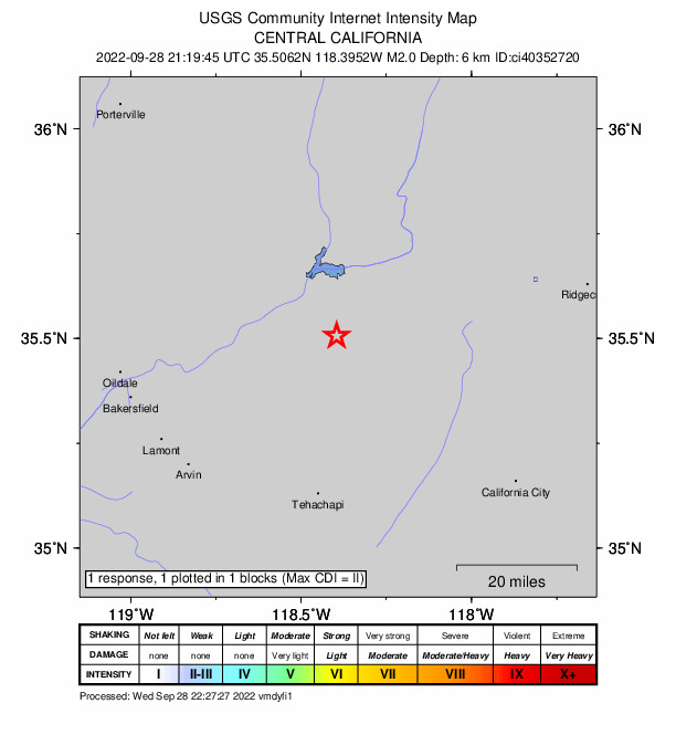 USGS DYFI community-reported intensity map for the M2.0 earthquake near 13km SE of Bodfish, CA