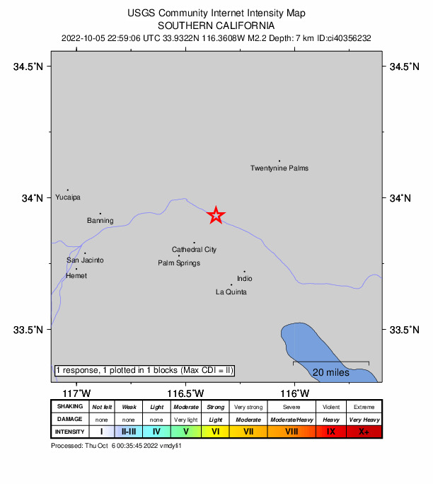 USGS DYFI community-reported intensity map for the M2.3 earthquake near 13km NNE of Thousand Palms, CA