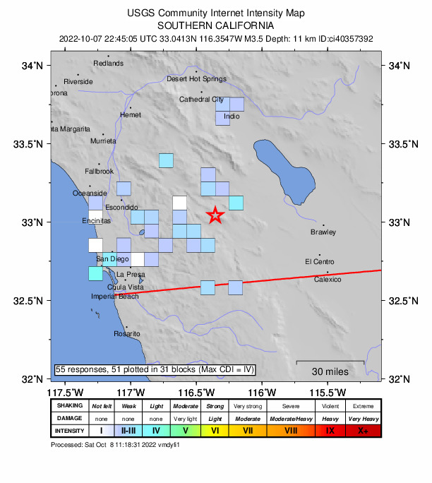USGS DYFI community-reported intensity map for the M3.5 earthquake near 23km E of Julian, CA