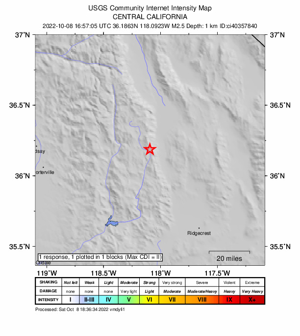 USGS DYFI community-reported intensity map for the M2.5 earthquake near 13km SW of Olancha, CA