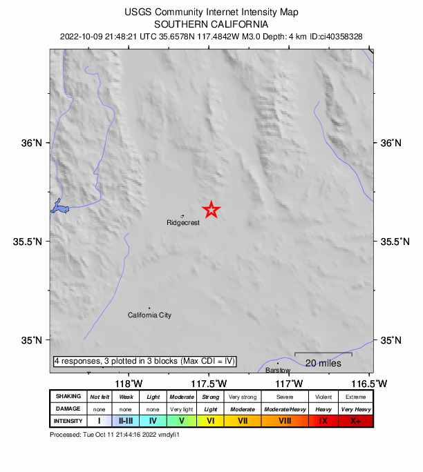 USGS DYFI community-reported intensity map for the M3.0 earthquake near 14km SSW of Searles Valley, CA