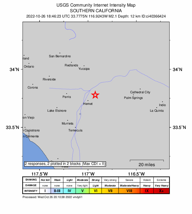 USGS DYFI community-reported intensity map for the M2.1 earthquake near 3km ESE of San Jacinto, CA