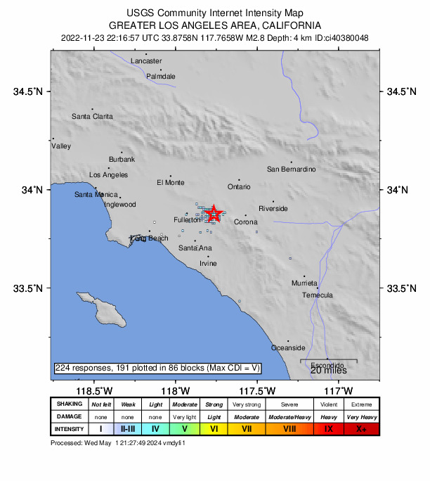 USGS DYFI community-reported intensity map for the M2.8 earthquake near 5km ESE of Yorba Linda, CA