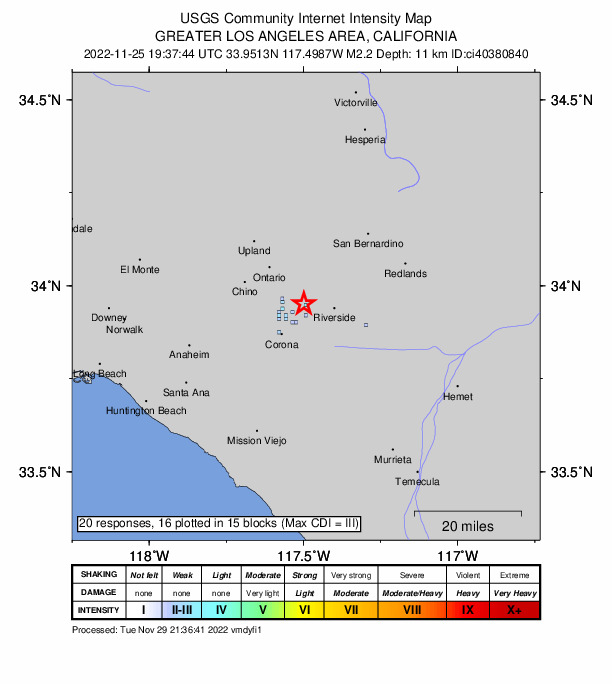 USGS DYFI community-reported intensity map for the M2.2 earthquake near 3km SW of Pedley, CA