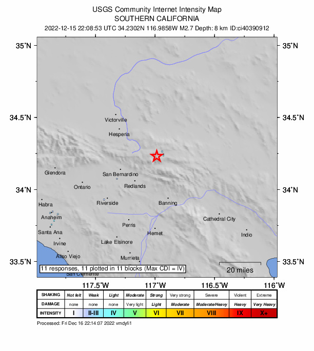 USGS DYFI community-reported intensity map for the M2.7 earthquake near 7km WSW of Big Bear Lake, CA