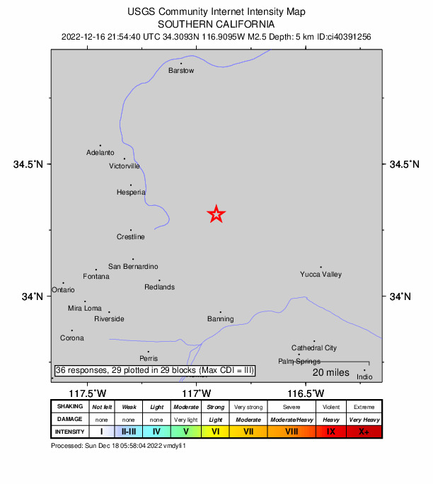 USGS DYFI community-reported intensity map for the M2.5 earthquake near 7km N of Big Bear Lake, CA